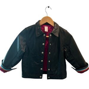 Gymboree Genuine Leather Jacket Girls XL 7 Black Moto Style 2001 Rainbow Cuffs